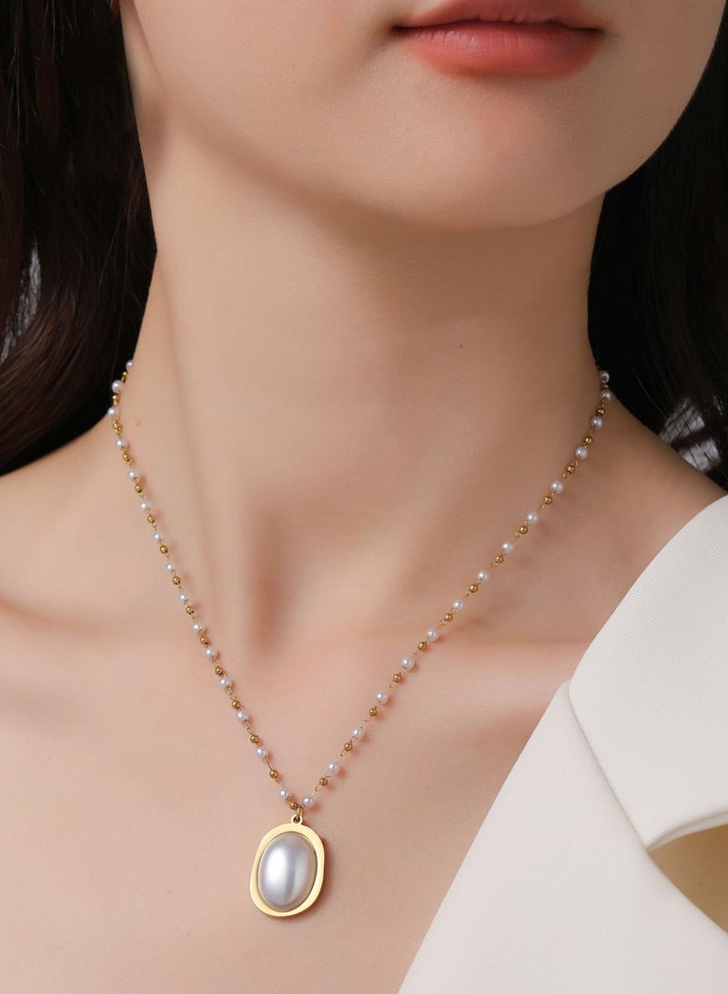 Pearl Necklace for Women with Oval Pendant & Seed Pearls, Gold-Plated Classic Elegant Jewelry for Daily and Special Occasions, Ideal Gift for Her - Image 1